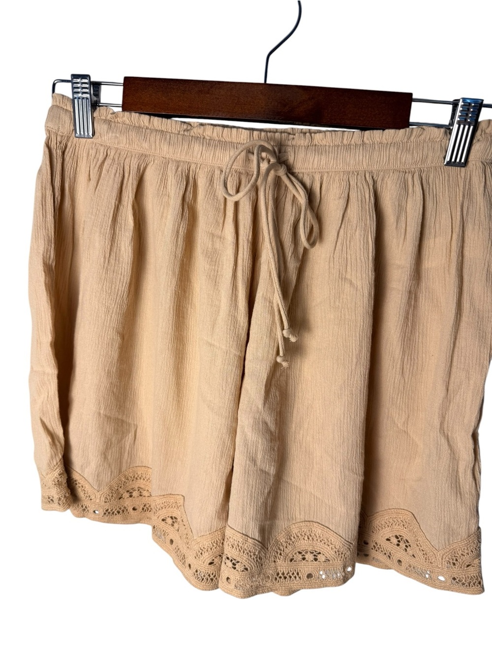 aerie | Tan Crochet-Trim High-Waist Drawstring Shorts | Sz M - Picture 2 of 7